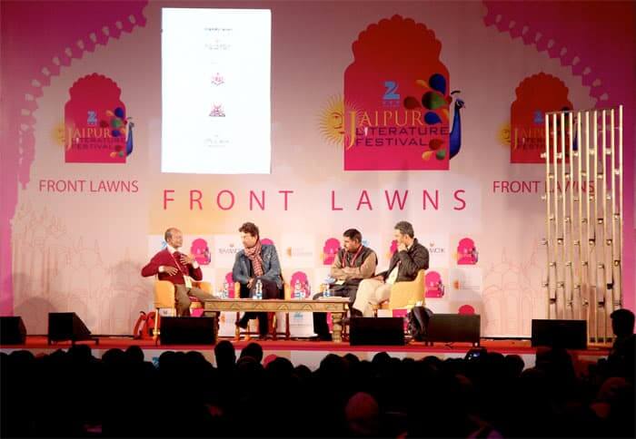 Indian Bollywood star Irrfan Khan (Second right), in converstation with Neerav Patel, Hariram Meena on the first day of Jaipur Literature Festival.