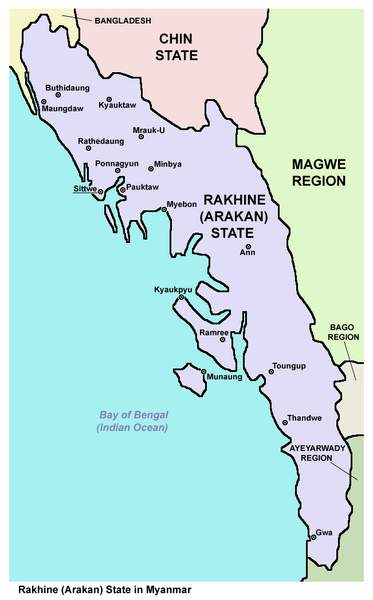 Mrauk-U in north on Map of Rakhine (Arakan) State Myanmar. Public Domain image.